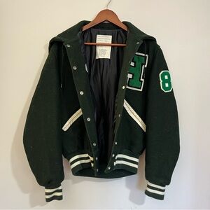 Dark Green Letterman Varsity Jacket with White Trim